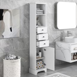 White Tall Bathroom Cabinet; Freestanding Storage Cabinet with 3 Drawers and Adjustable Shelf; MDF Board with Painted Finish