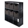 Timothy 7-Pc 3x3 Storage Shelf with 6 Foldable Woven Baskets, Black and Chocolate